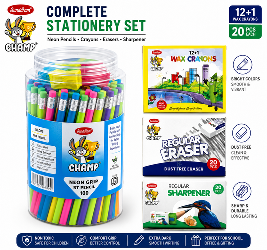 Back to School Mega Combo Stationery Set – Pencils, Crayons, Erasers & Sharpeners